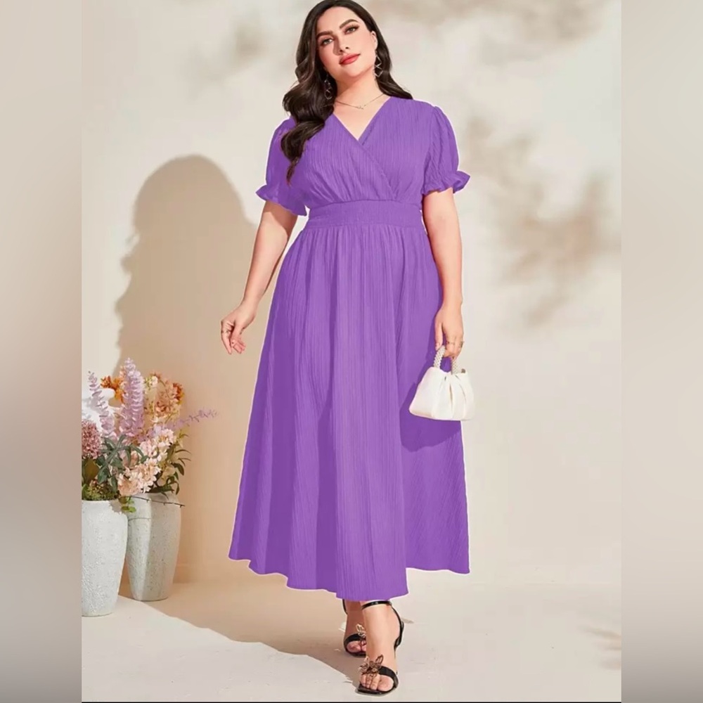 SHEIN Purple Maxi Dress with Puff Sleeves and V-Neck